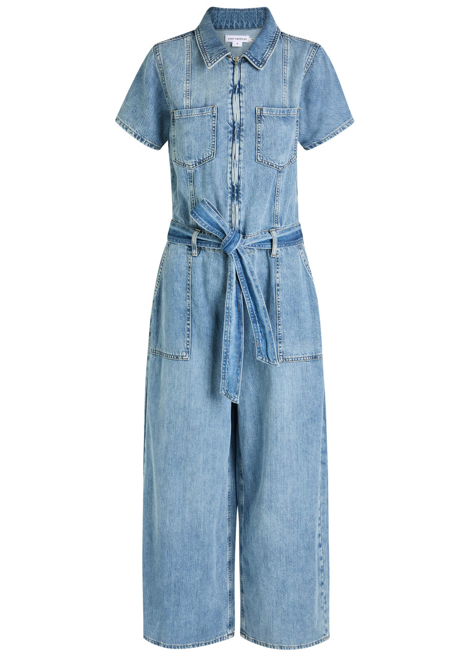 Good American Fit For Success Lite Belted Denim Jumpsuit In Blue