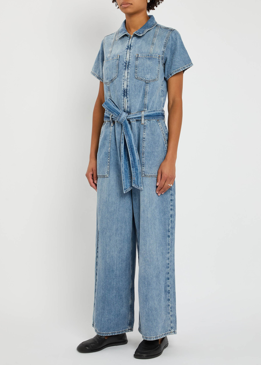 Good American Fit For Success Lite Belted Denim Jumpsuit In Blue