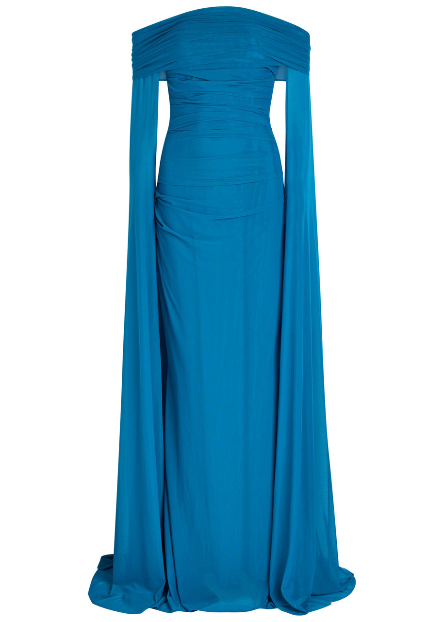 Talbot Runhof Off-the-shoulder Chiffon Gown In Blue