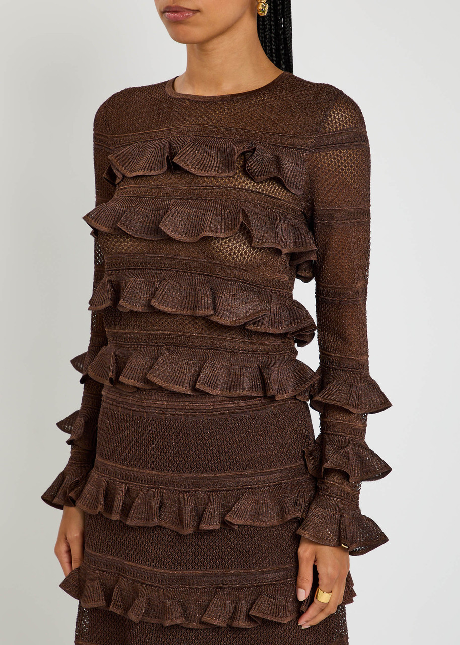 Zimmermann Hypnotic Lace Frill Metallic-knit Top In Brown