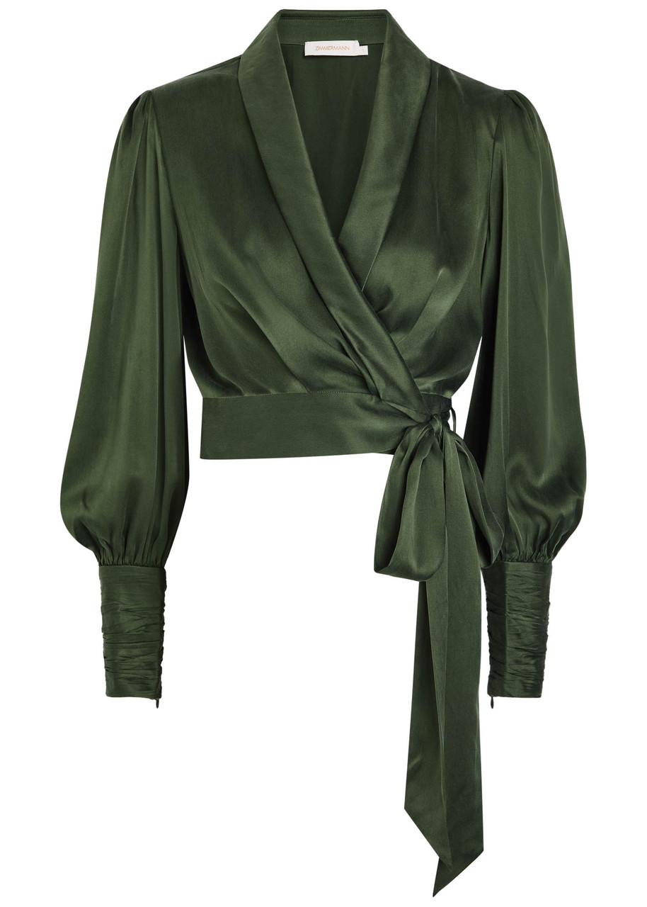 Zimmermann Silk Wrap Top With Puff Sleeves In Green