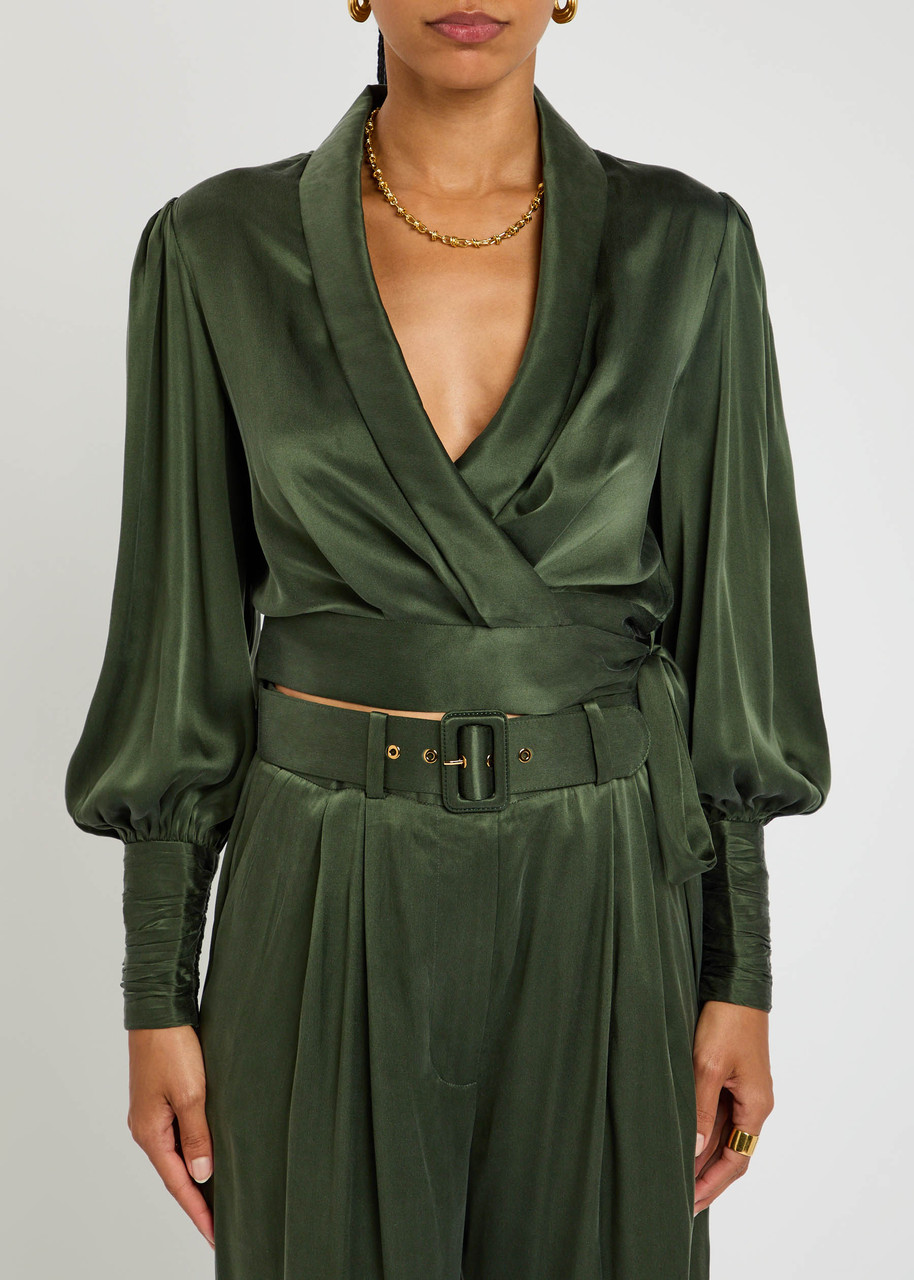 Zimmermann Silk Wrap Top With Puff Sleeves In Green