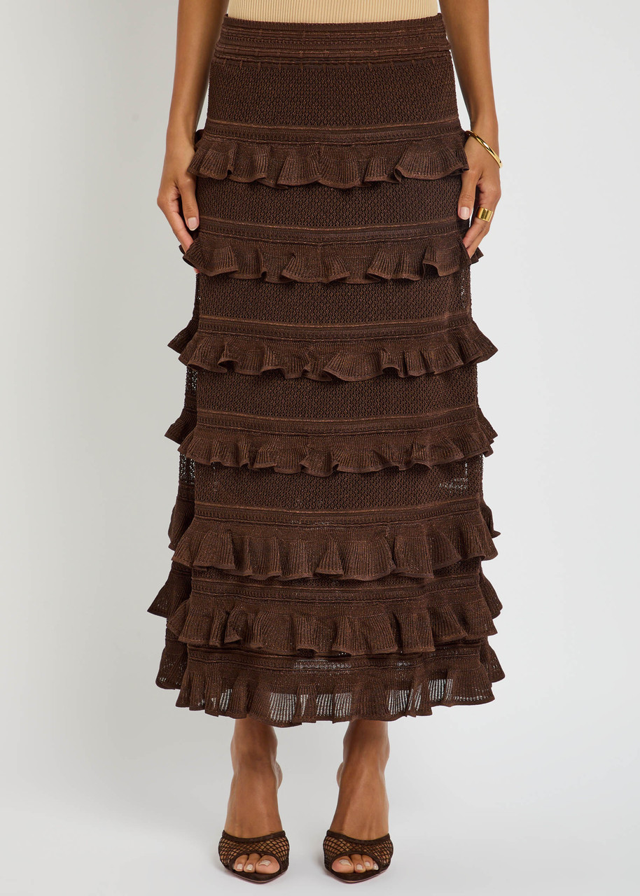 Zimmermann Hypnotic Lace Frill Metallic-knit Midi Skirt In Brown