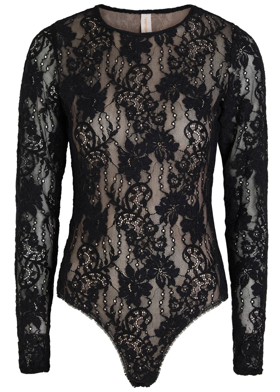 Zimmermann Fitted Black Lace Bodysuit With Floral Design And Inset Jelly Ribbon In Black
