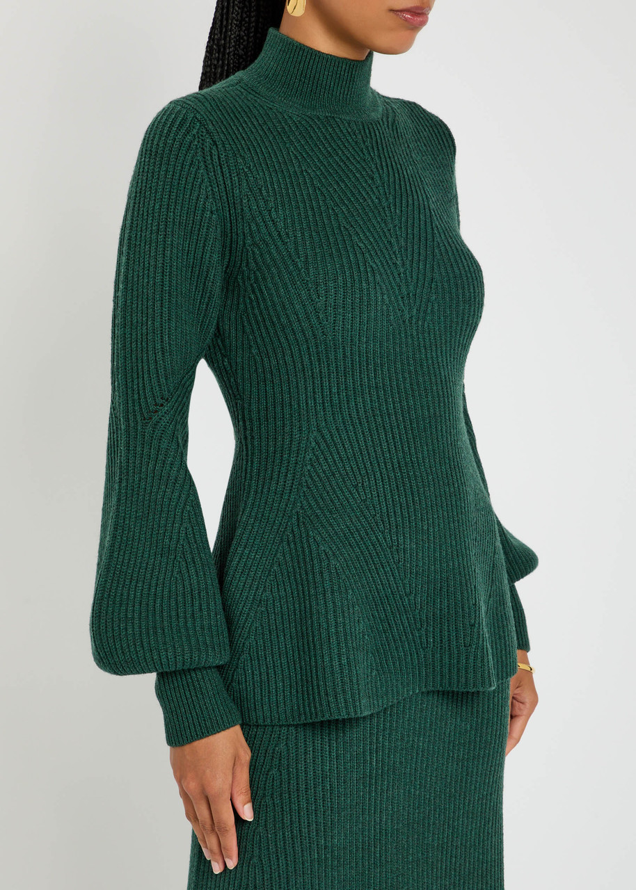Zimmermann Ribbed Wool Peplum Sweater In Green