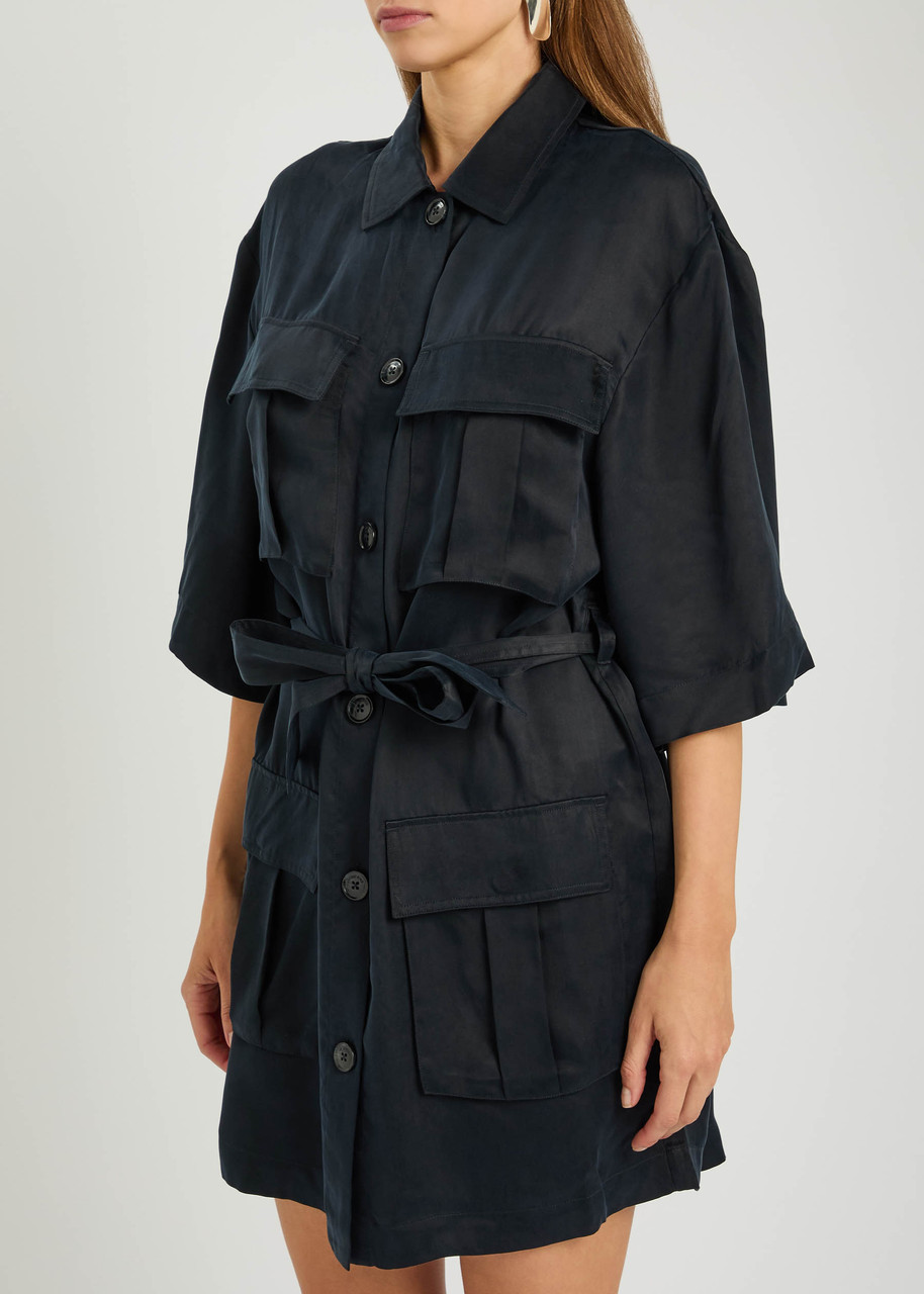 Anine Bing Geri Belted Woven Mini Shirt Dress In Black