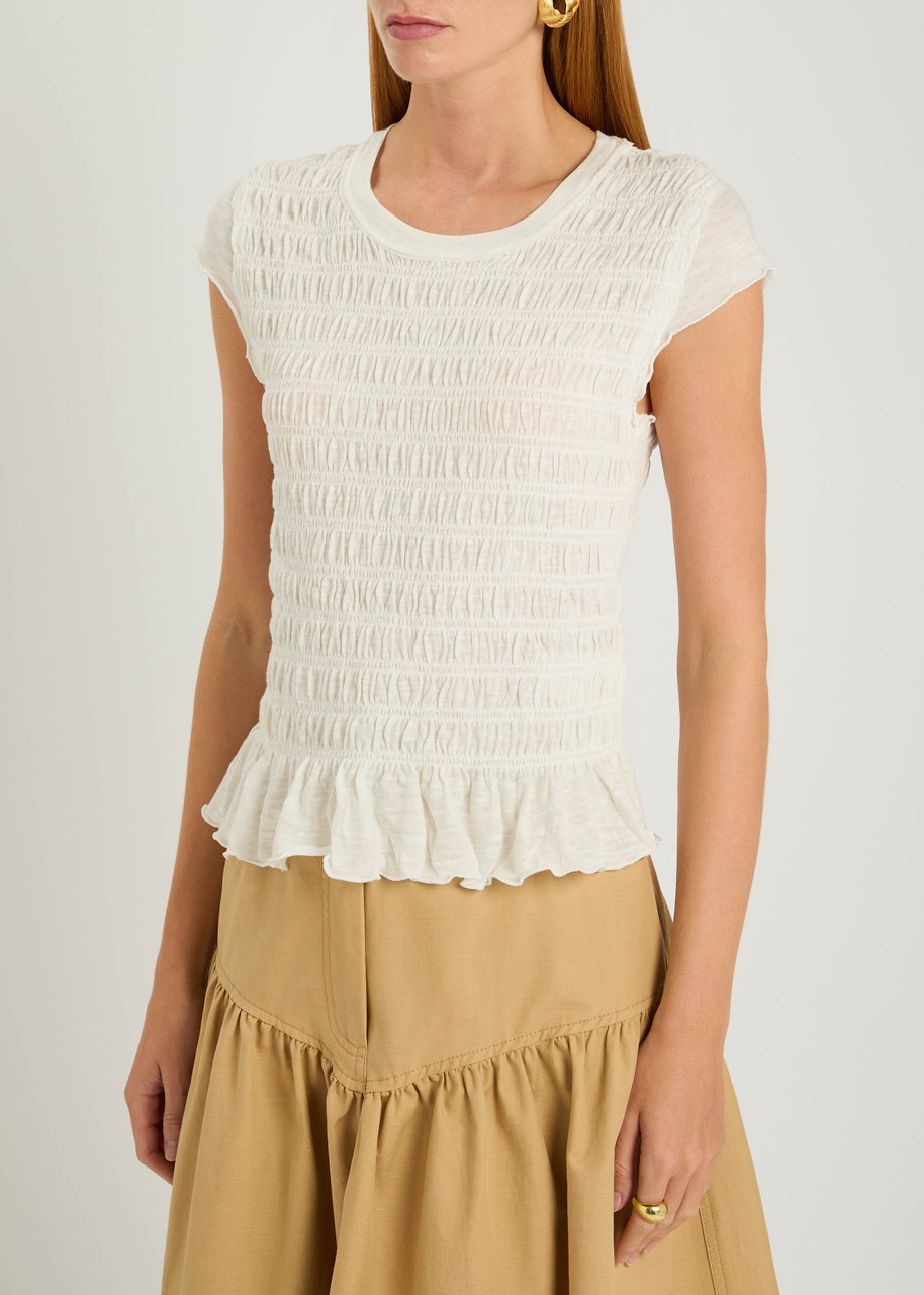 Free People Sylvie Shirred Cotton-blend T-shirt In White
