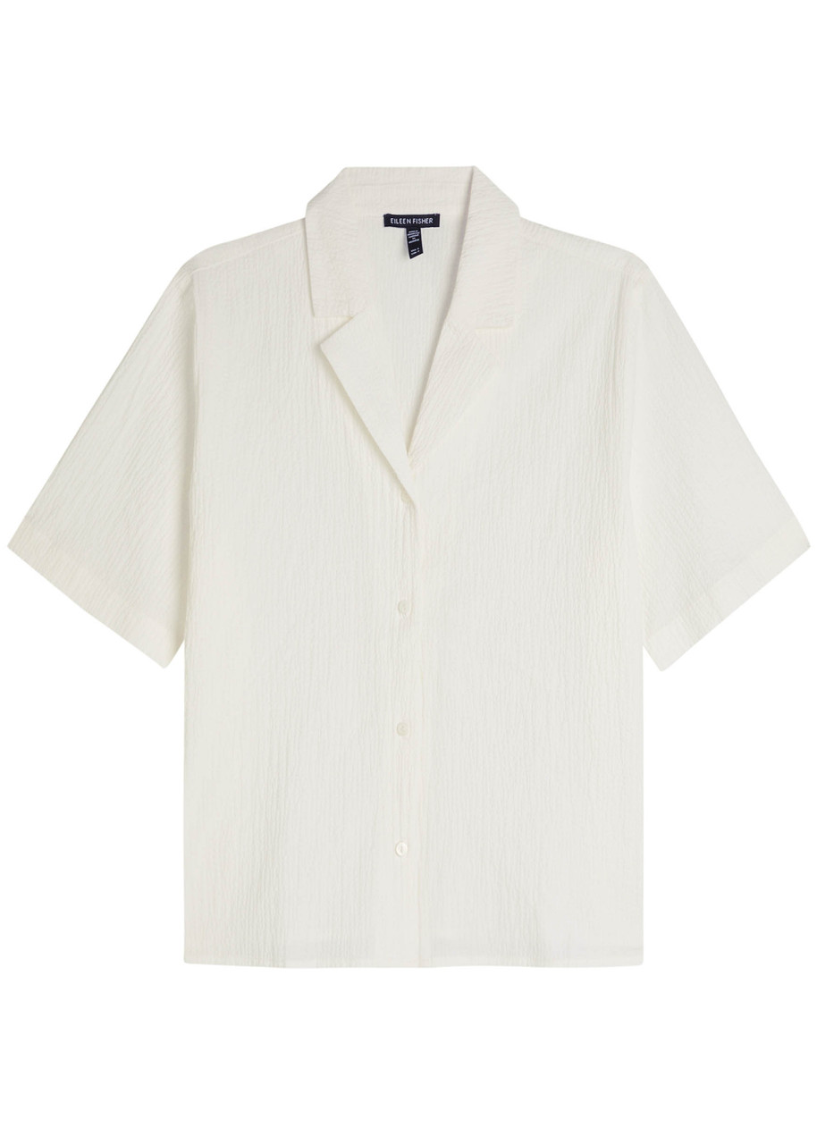 Eileen Fisher Notch Collar Stretch Organic Cotton Button-up Shirt In White