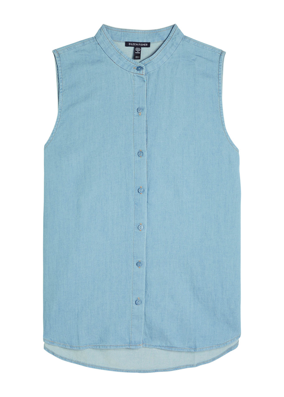 Eileen Fisher Cotton Chambray Blouse In Blue