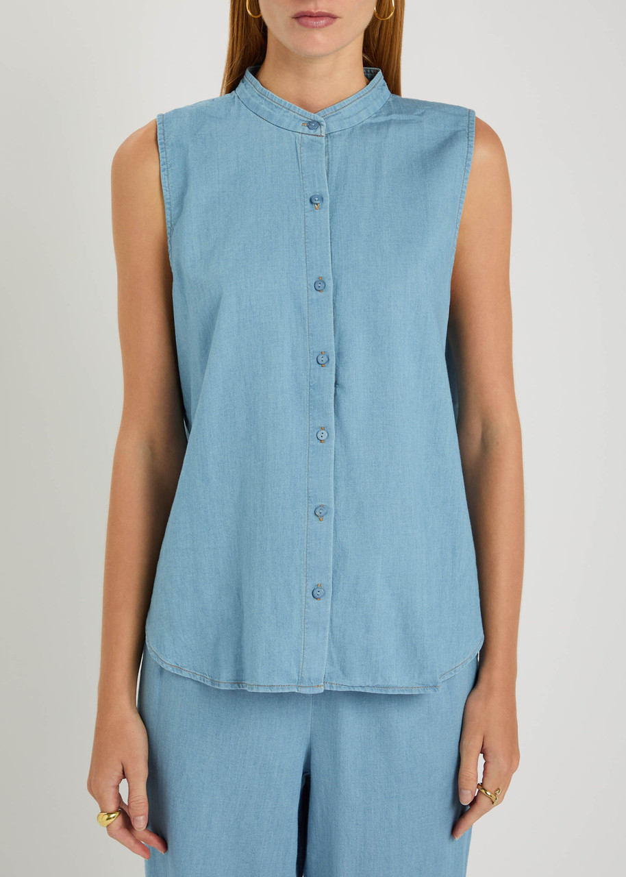 Eileen Fisher Cotton Chambray Blouse In Blue