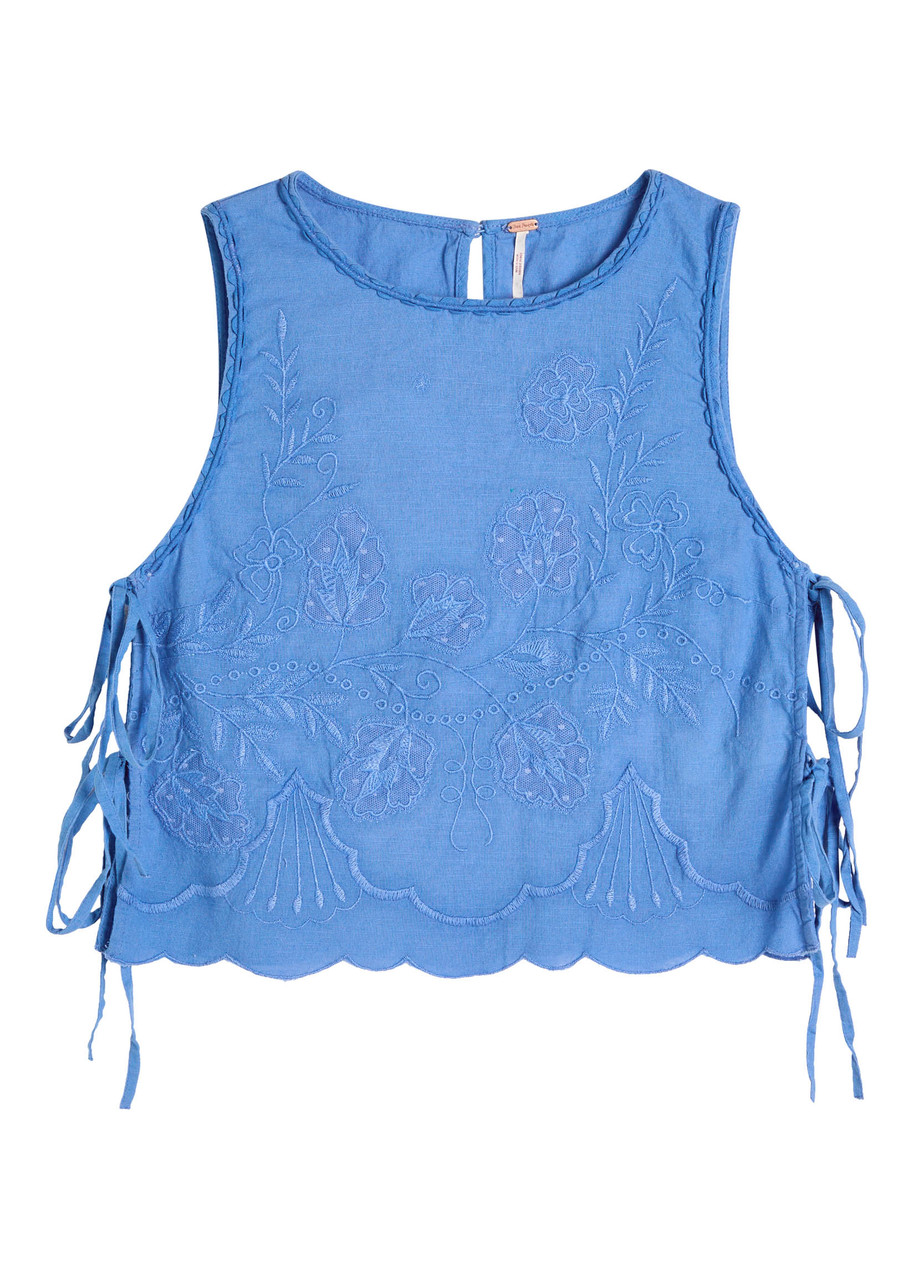 Free People Faded Gardens Floral-embroidered Cotton Tank In Blue