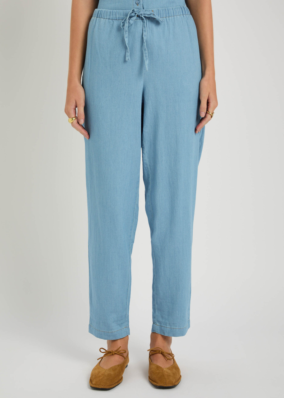 Eileen Fisher Drawstring Cotton Chambray Trousers In Blue