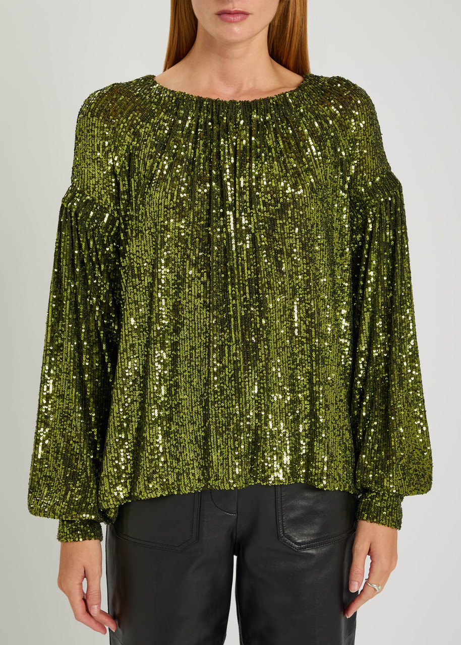 Rabanne Sequin-embellished Mesh Top In Green