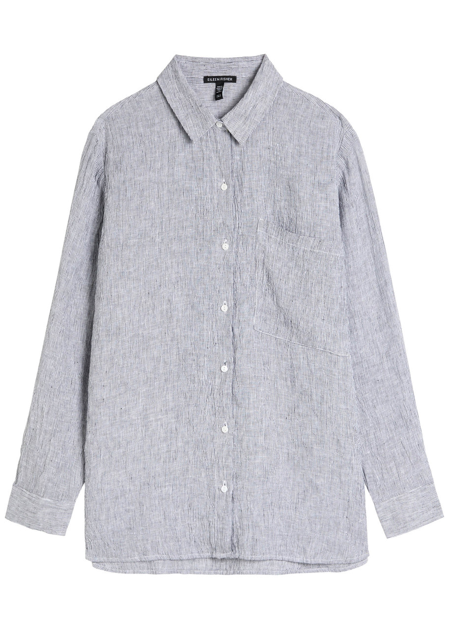 Eileen Fisher Classic Collar Oversize Organic Linen Button-up Shirt In Gray