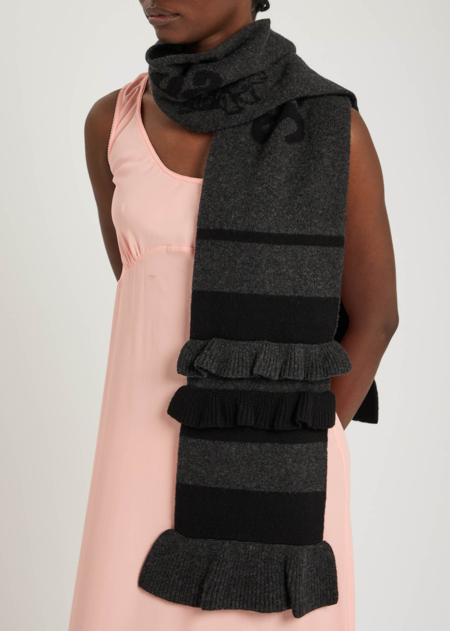 Simone Rocha Striped Ruffle-trimmed Wool-blend Scarf In Black