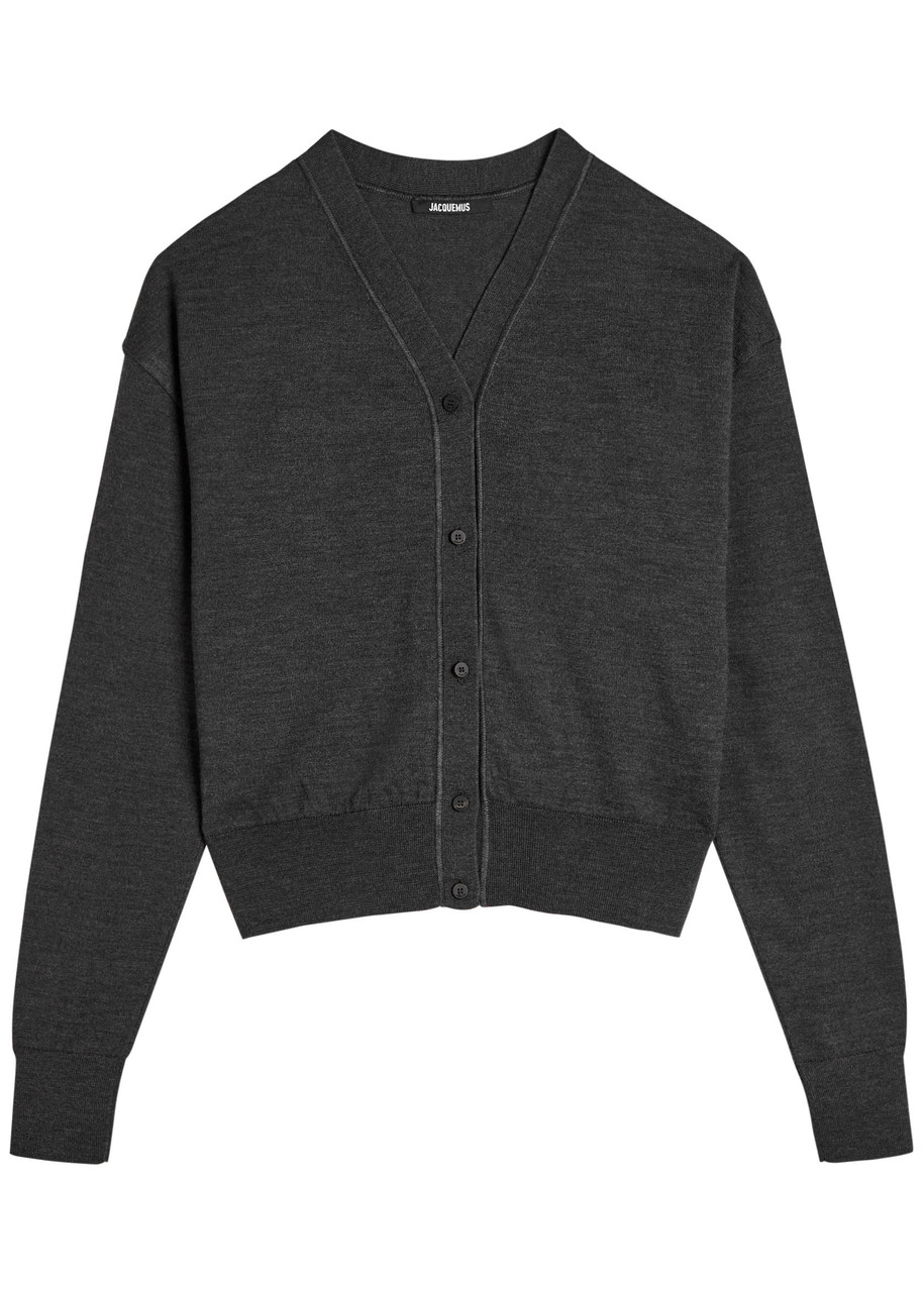 Jacquemus Embroidered Merino Wool Knit Cardigan With Ribbed Collar In Gray