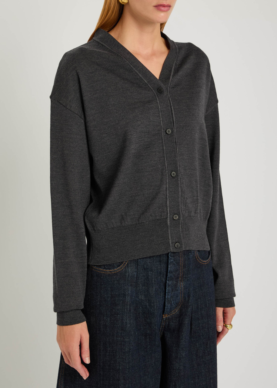 Jacquemus Embroidered Merino Wool Knit Cardigan With Ribbed Collar In Gray