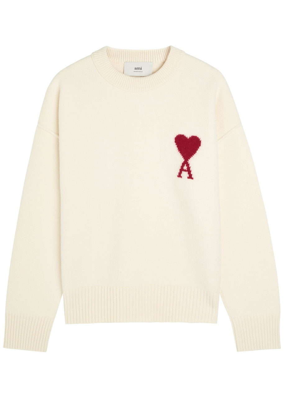 Ami Alexandre Mattiussi Heart Friend Wool Sweater With Exposed Stitching In Neutral