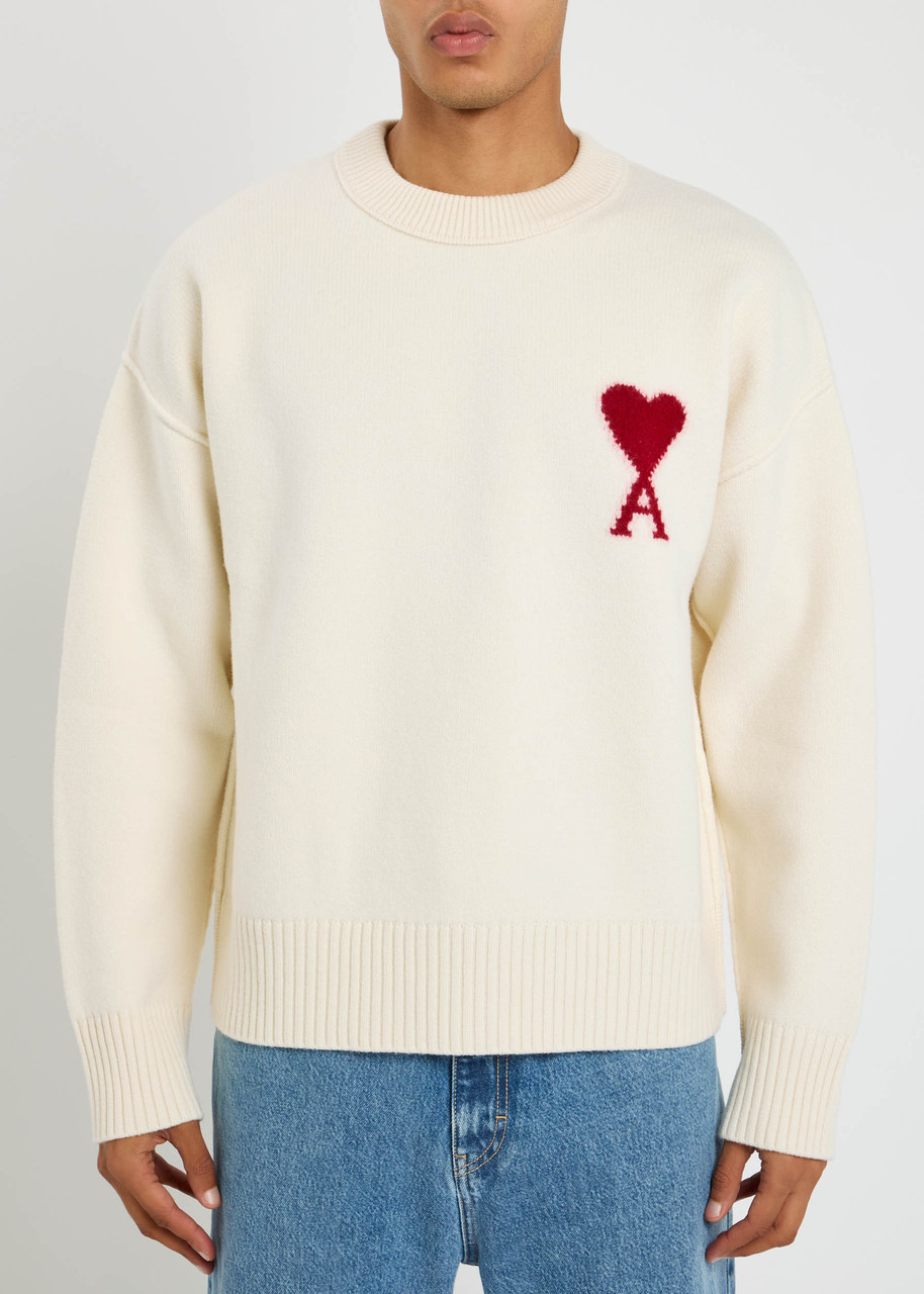 Ami Alexandre Mattiussi Heart Friend Wool Sweater With Exposed Stitching In Neutral