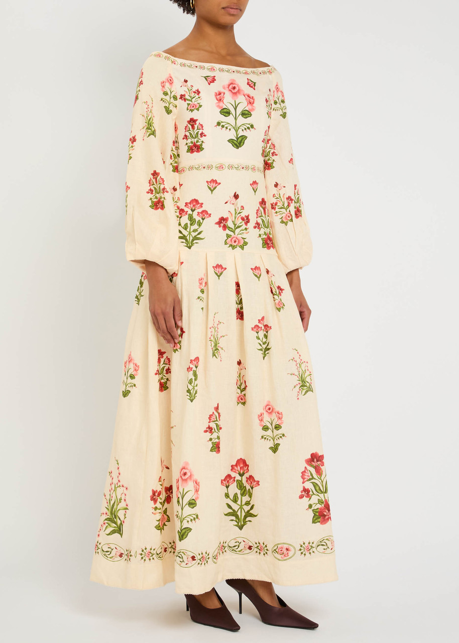 Agua By Agua Bendita Senlis Off-the-shoulder Pleated Floral-print Linen Maxi Dress In Neutral