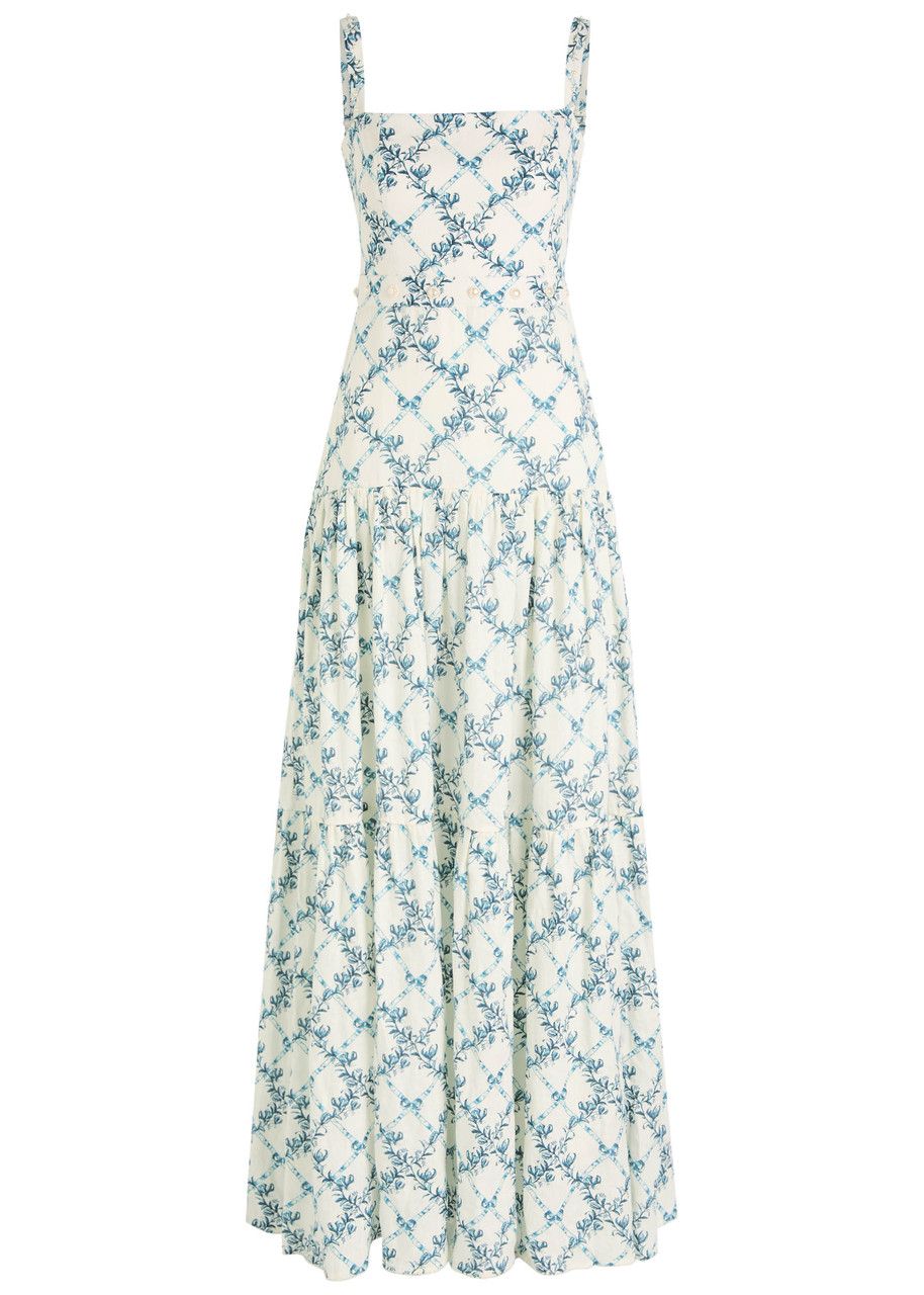 Agua By Agua Bendita Lima Gloriosa Tiered Faux Pearl-embellished Printed Linen Maxi Dress In Multi