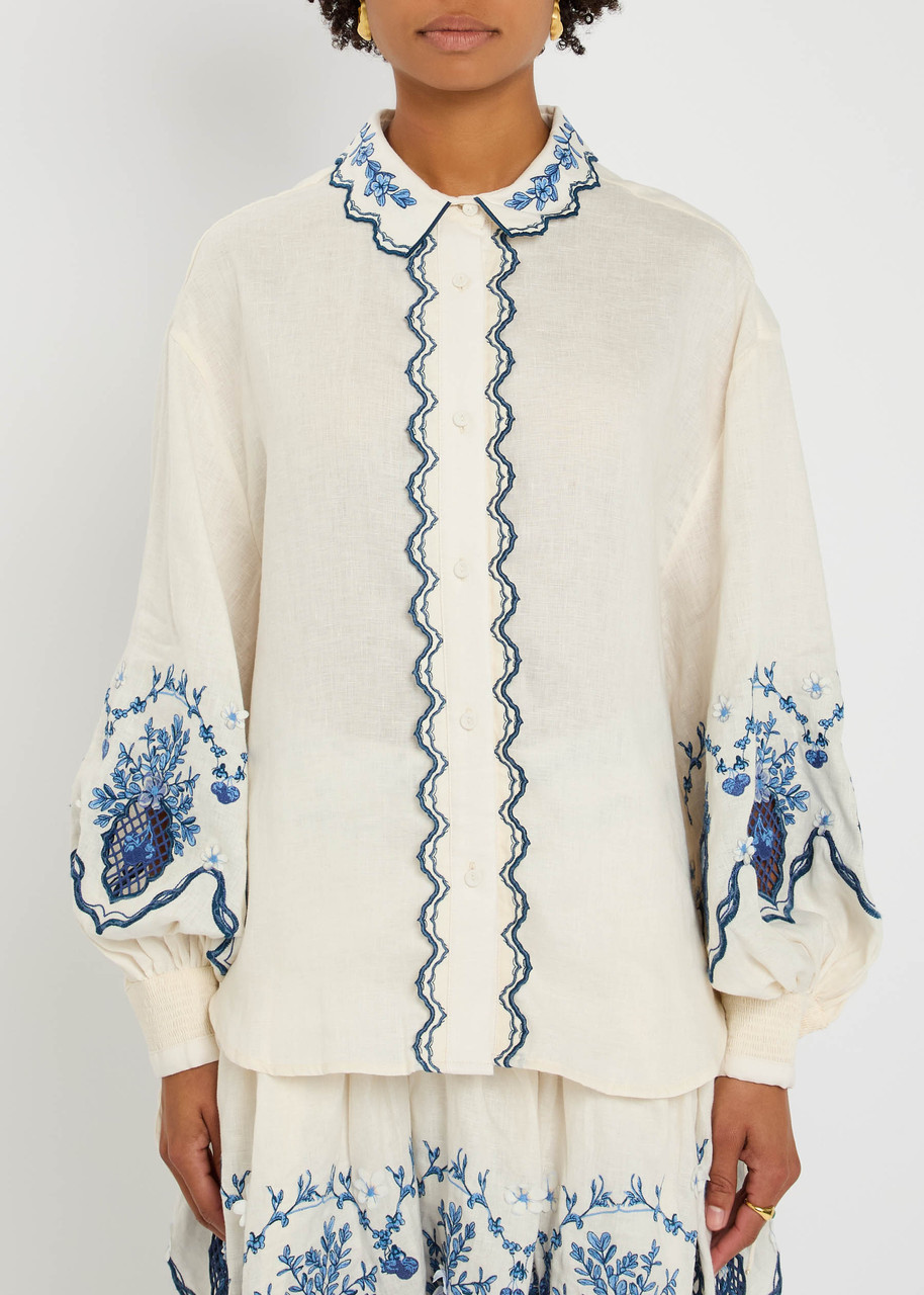 Agua By Agua Bendita Abadia Wild Embroidered Linen Blouse In Multi