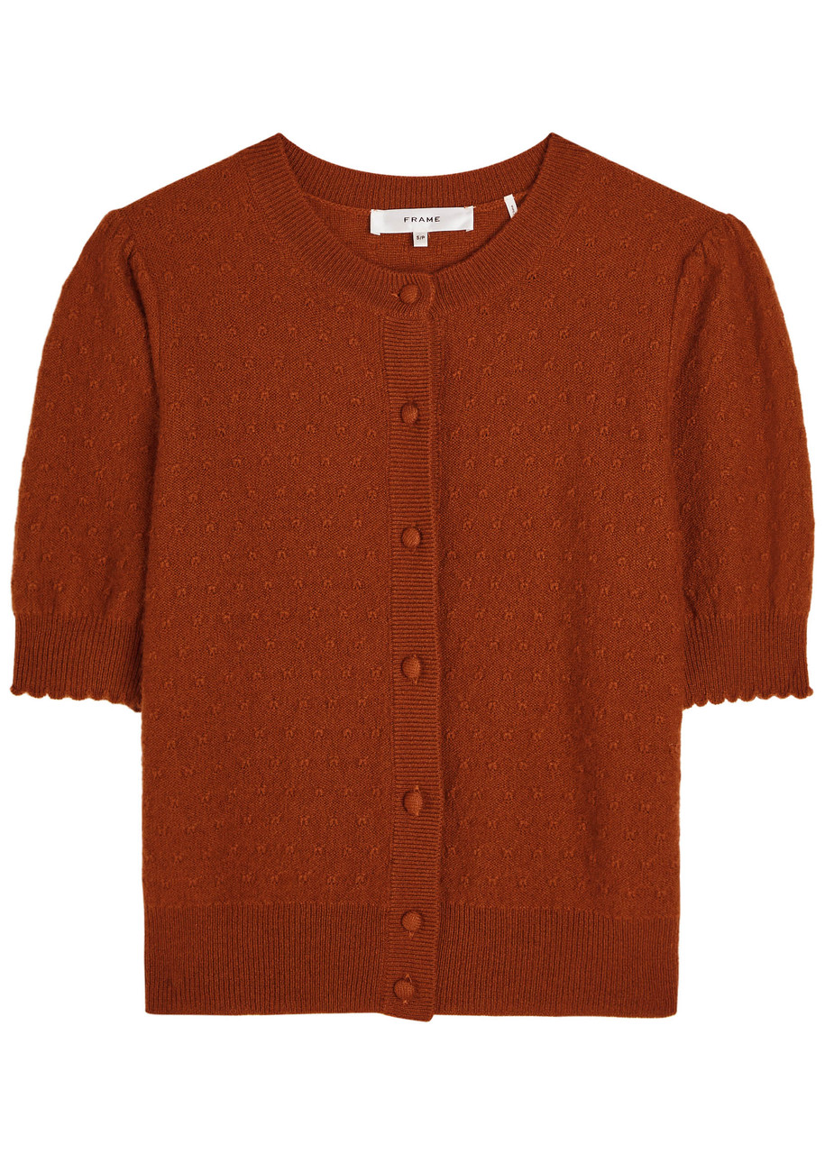 Frame Pointelle Cashmere Cropped Cardigan In Orange