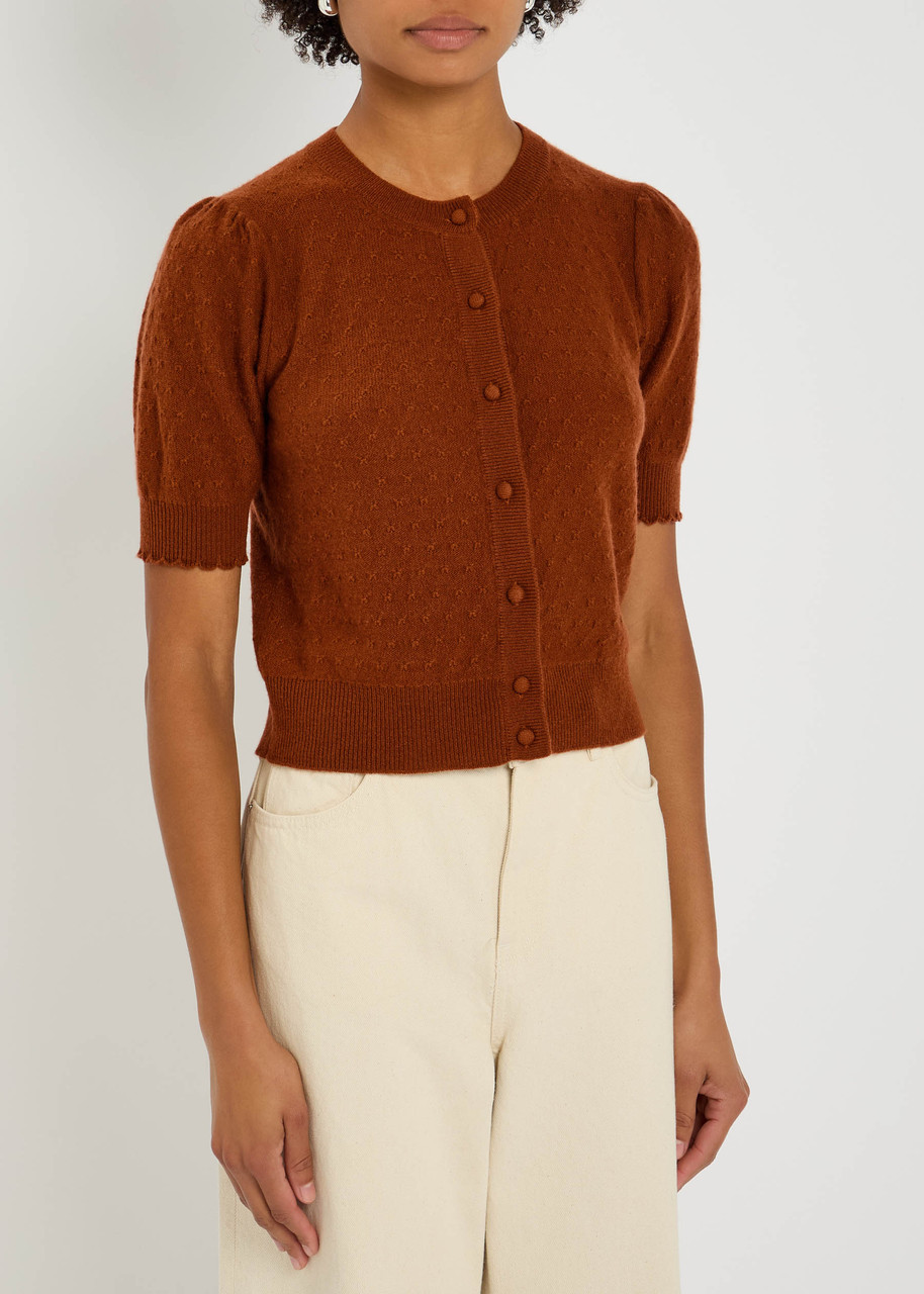 Frame Pointelle Cashmere Cropped Cardigan In Orange