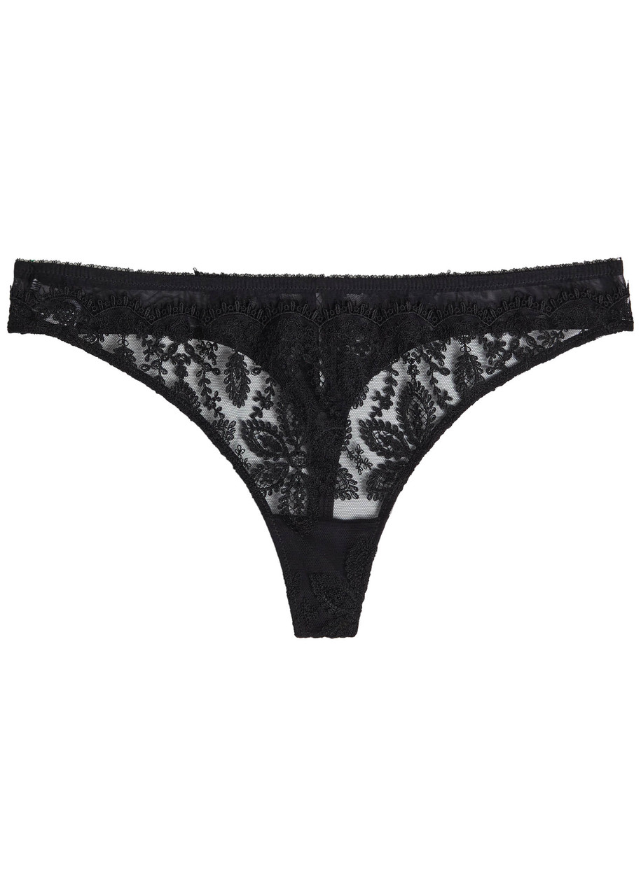 Simone PÉRÈLE Précieuse Floral-embroidered Tulle Thong - Black - 2 (UK 10 / M)