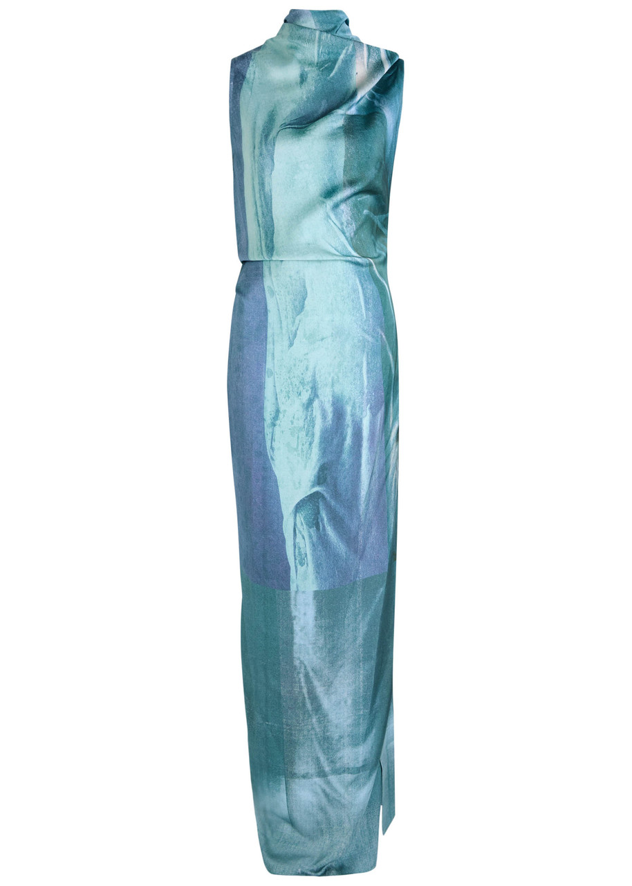 Jean Paul Gaultier Women Printed Long Sleeveless Satin Dress With Cuffling Detail On The Back In Multi
