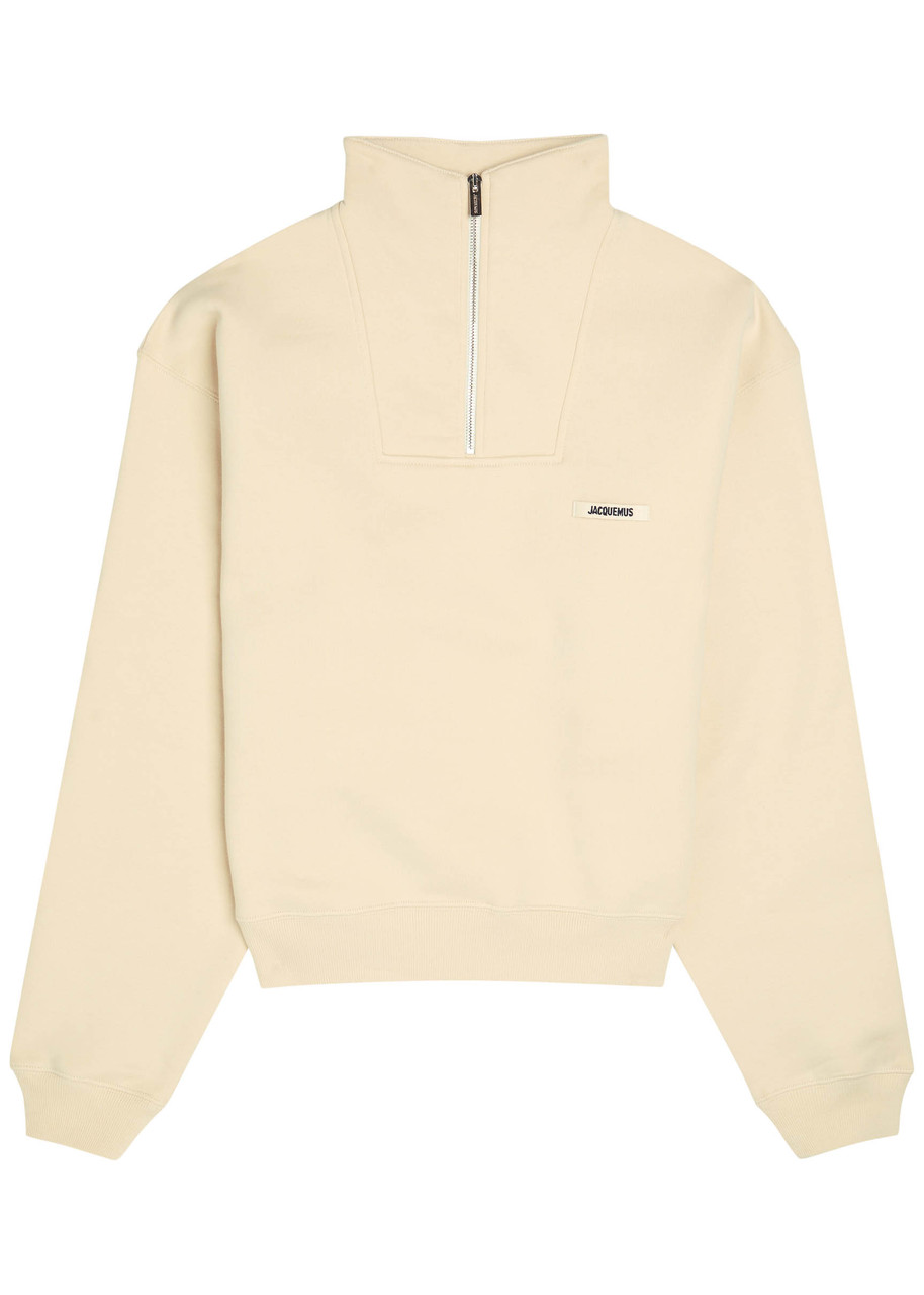 Jacquemus Cotton Fleece Sweatshirt With High Collar And Grosgrain Detail In Neutral