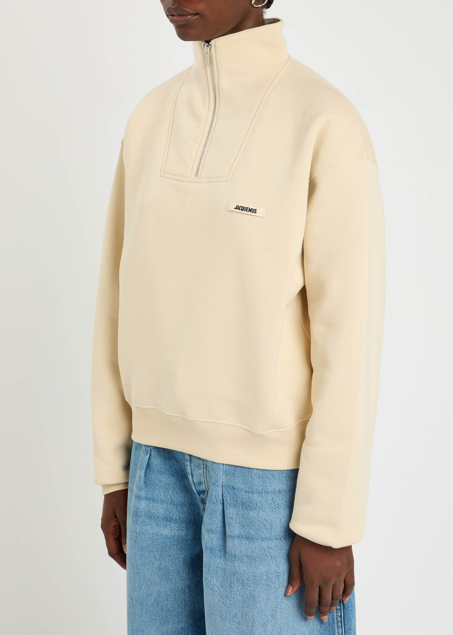 Jacquemus Cotton Fleece Sweatshirt With High Collar And Grosgrain Detail In Neutral