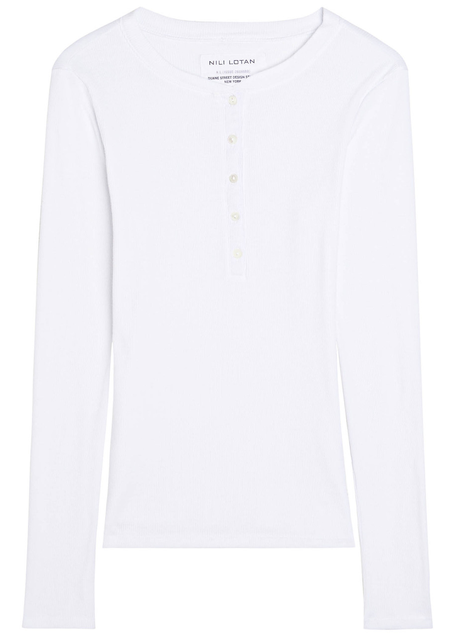 Nili Lotan Jordan Henley Ribbed Cotton Top In White