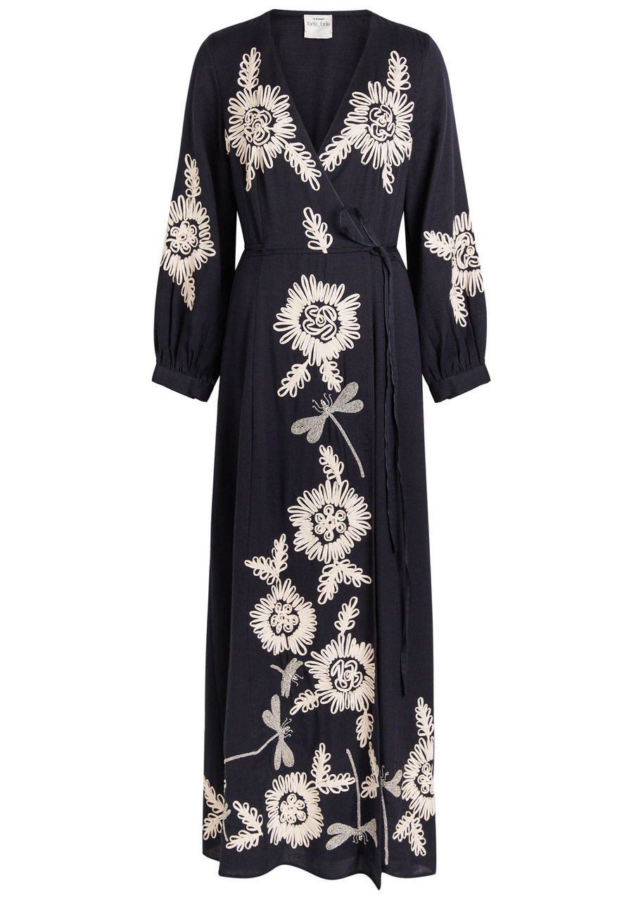 Forte Forte Forte_forte Embroidered Cotton And Wool-blend Maxi Wrap Dress In Blue