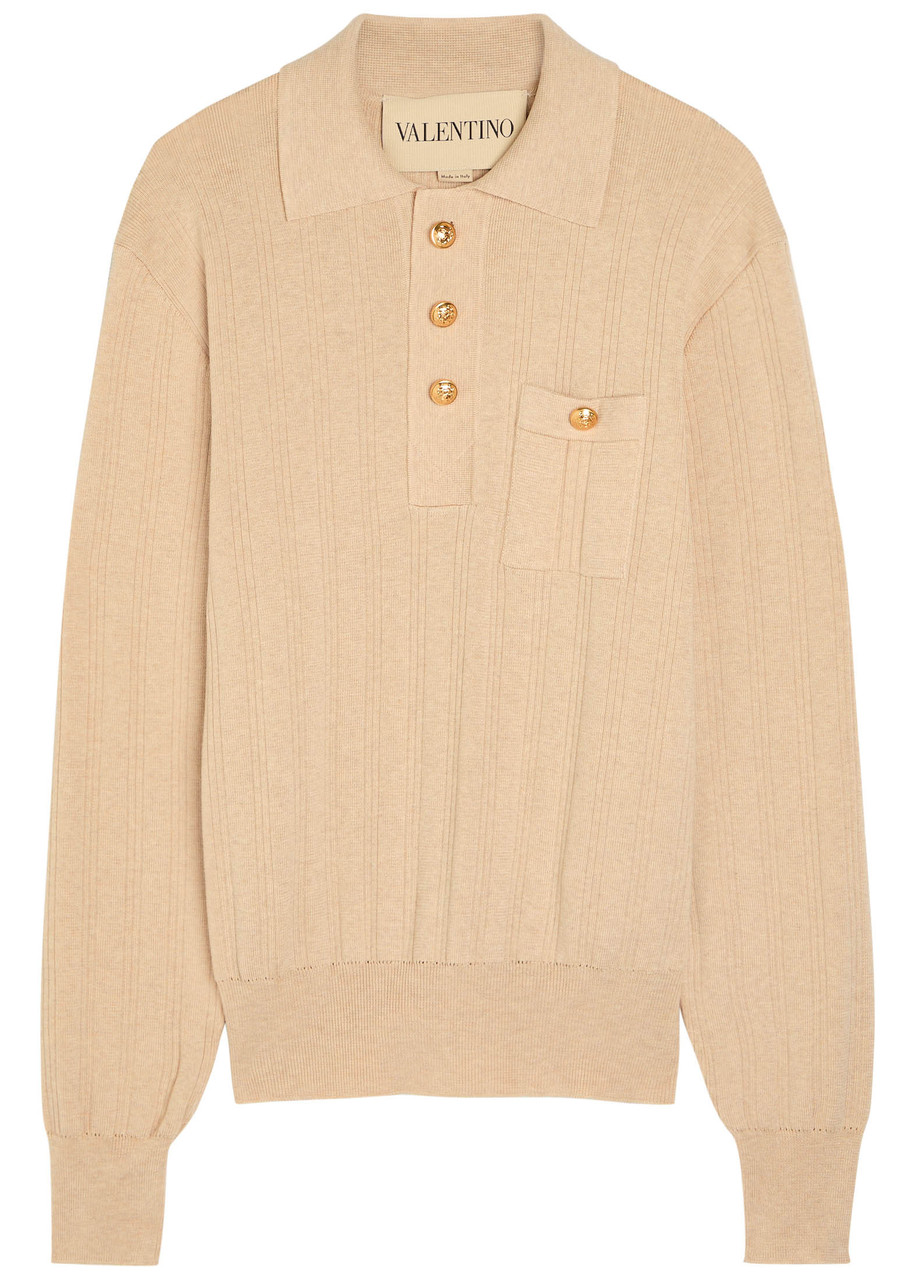 Valentino Garavani Fine-knit Polo Jumper In Brown