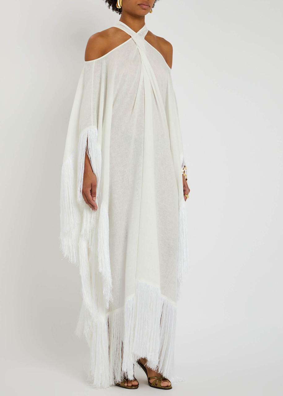 Taller Marmo Bambolino Fringed Linen Kaftan Dress In White