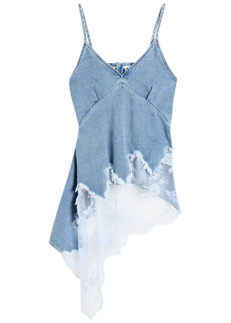 Marques' Almeida Asymmetric Lace Hem Denim Top Light Blue In Blue