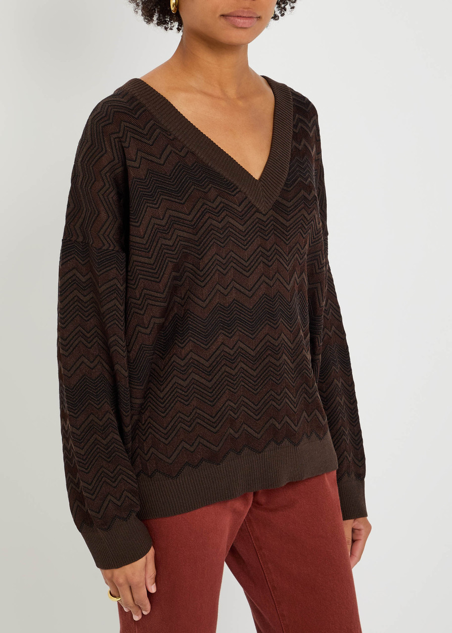 Missoni Womens Solid Color Brown Chevron V-neck Knitted Jumper In Brown