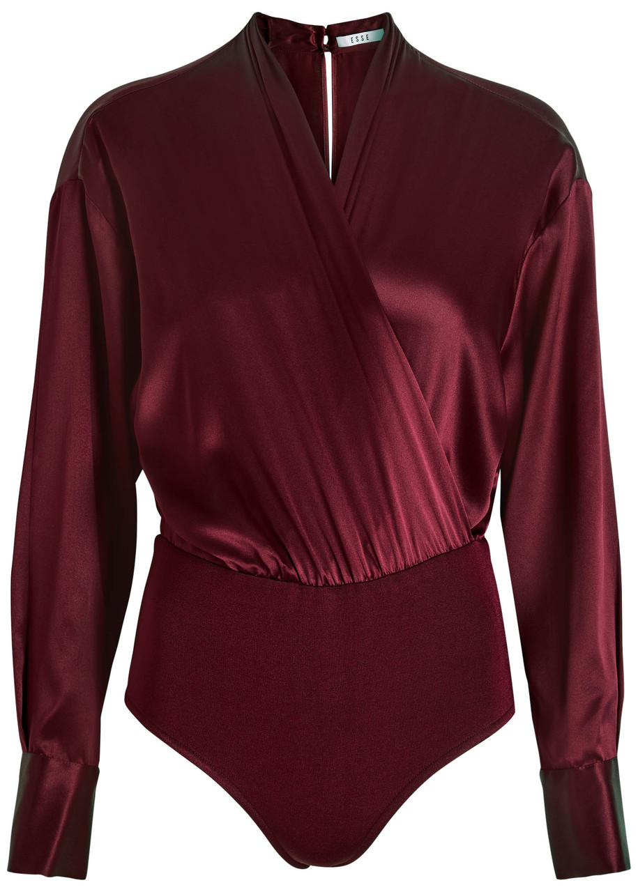 Esse Studios Illi Wrap-effect Silk Bodysuit In Burgundy