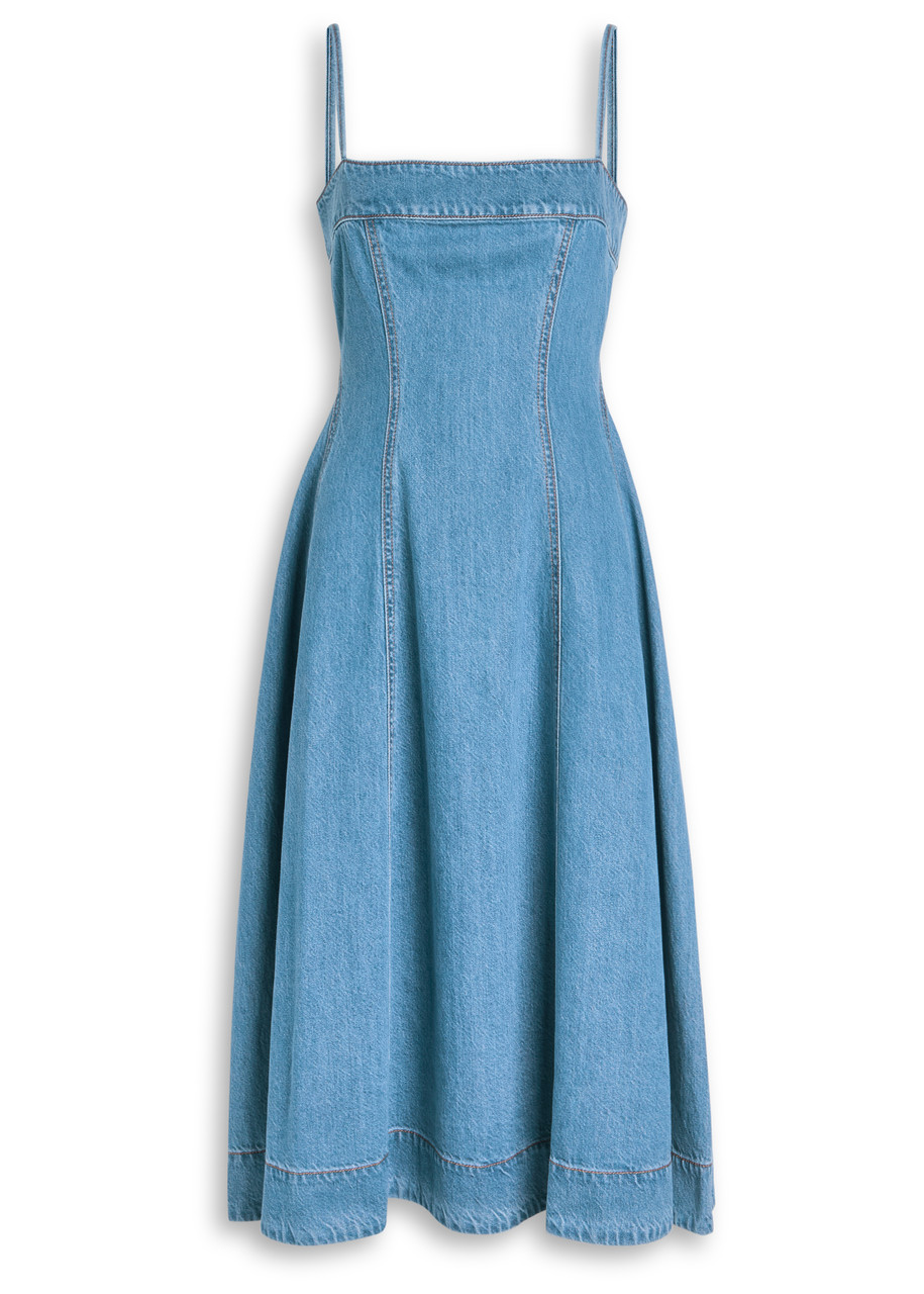 Paige Pippa Panelled Denim Midi Dress In Blue