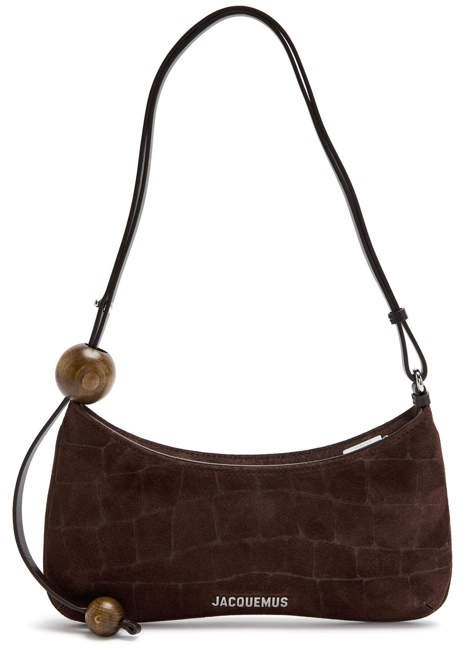 Jacquemus Le Bisou Perle Embellished Leather-trimmed Croc-effect Suede Shoulder Bag In Brown