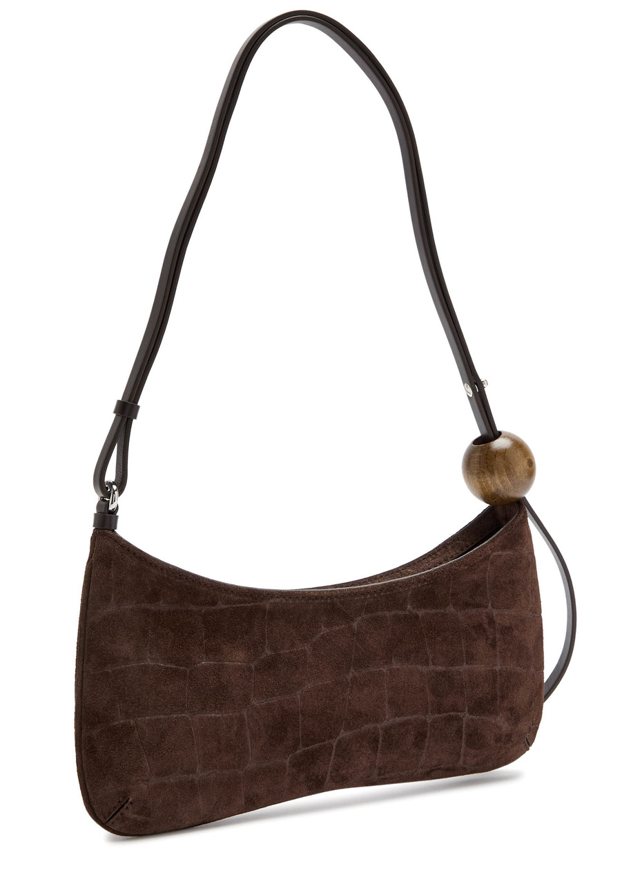 Jacquemus Le Bisou Perle Embellished Leather-trimmed Croc-effect Suede Shoulder Bag In Brown