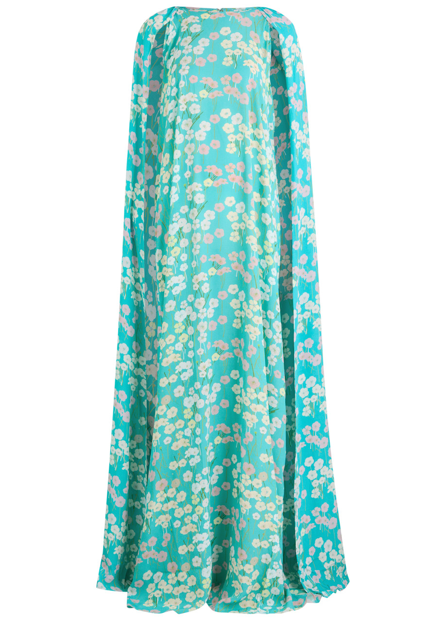 Bernadette Minnie Draped Chiffon Print Gown In Blue