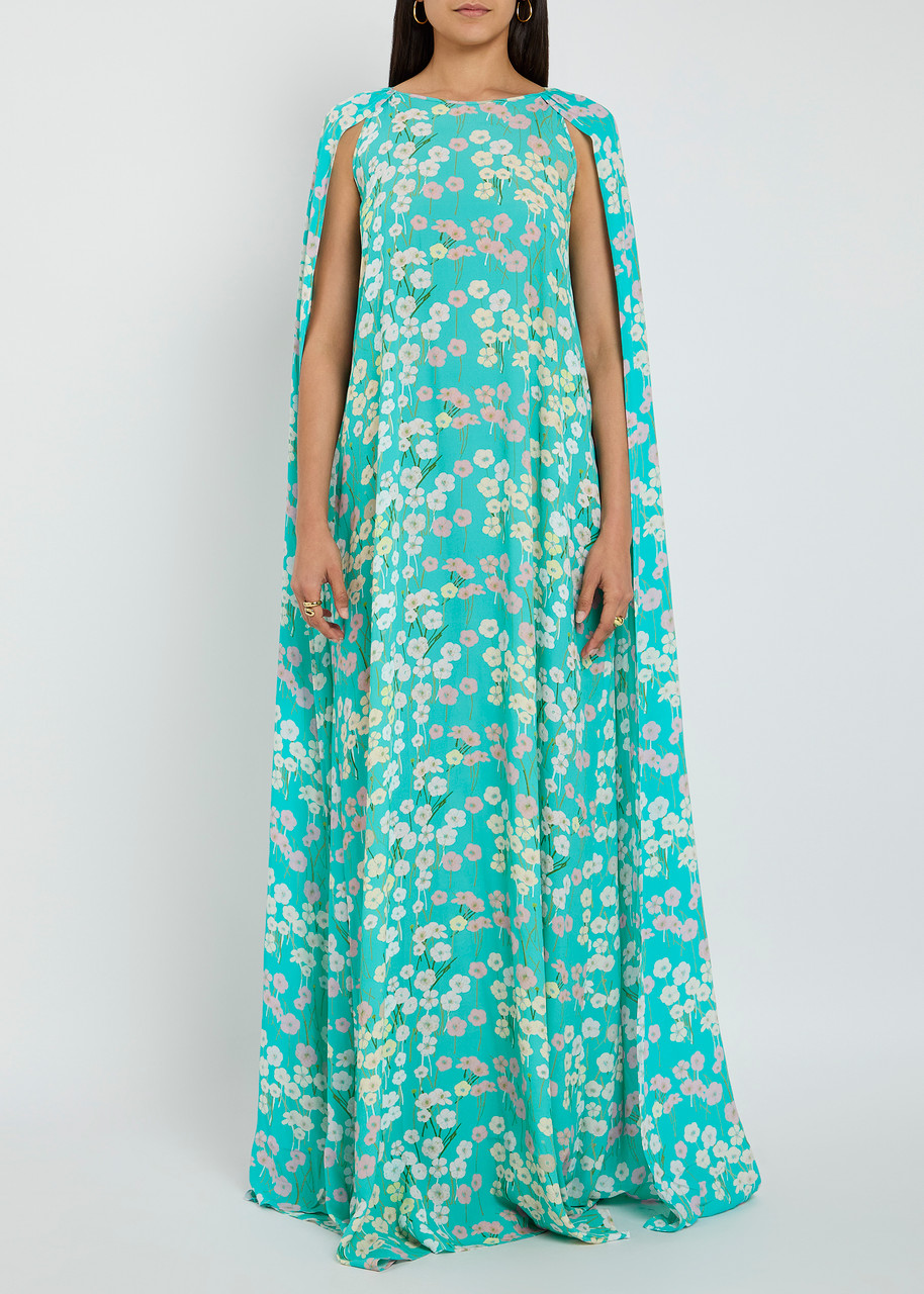 Bernadette Minnie Draped Chiffon Print Gown In Blue