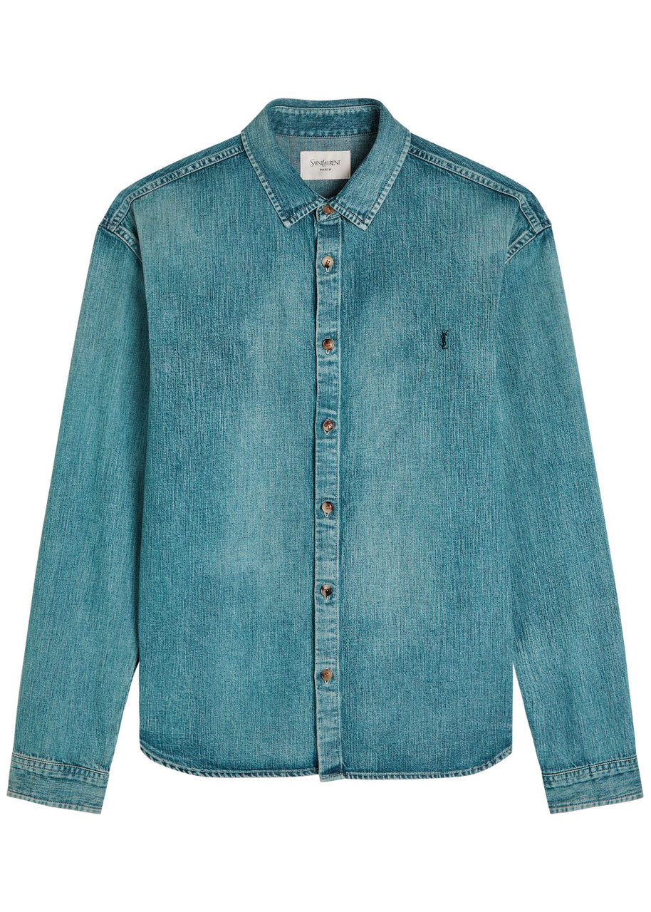 Saint Laurent Logo-embroidered Faded Denim Shirt – Blue – S Saint Laurent Logo-embroidered Faded Denim Shirt – Blue – S
