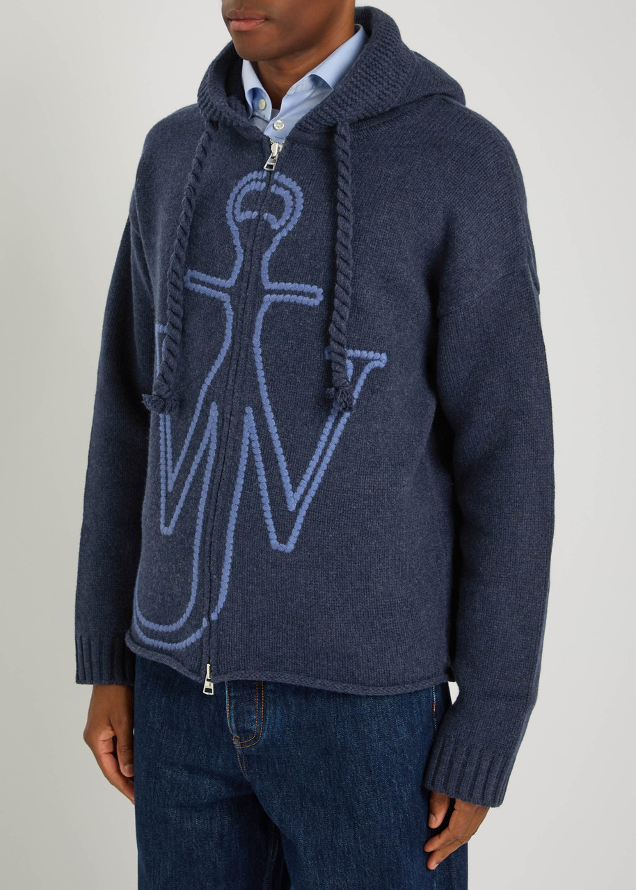  Jw Anderson Logo-embroidered Hooded Wool Jacket - Blue - S 