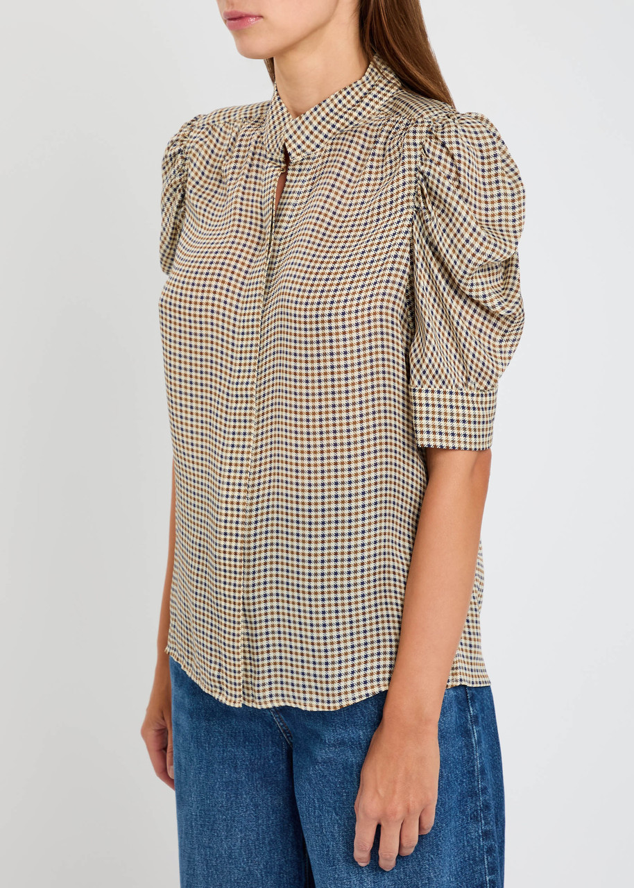 Frame The Gillian Houndstooth Silk-chiffon Blouse In Gold