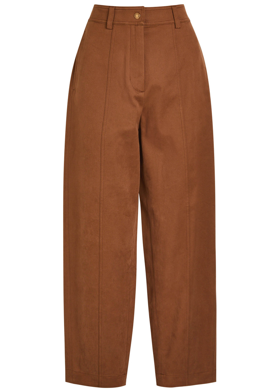 Moncler Stretch Cotton Twill Barrel Leg Ankle Trousers In Brown