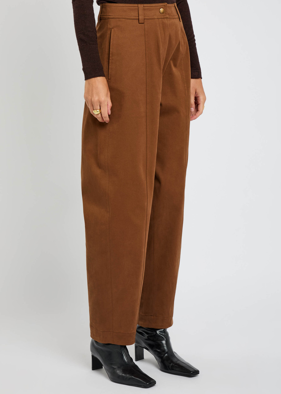 Moncler Stretch Cotton Twill Barrel Leg Ankle Trousers In Brown