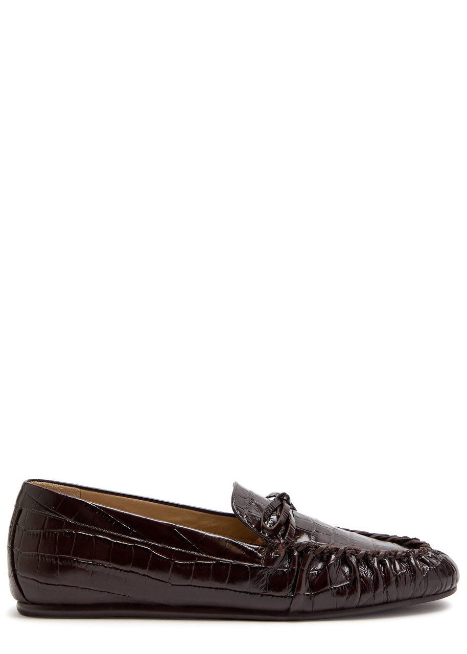 Stuart Weitzman Britt Bow Crocodile-effect Patent Leather Loafers In Brown